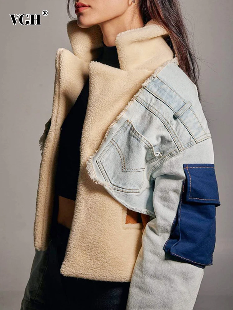 

VGH Streetwear Patchwork Women's Coat Lapel Long Sleeve Colorblock Patchwork Korean Jacket Female 2022 Autumn Fashion Clothing