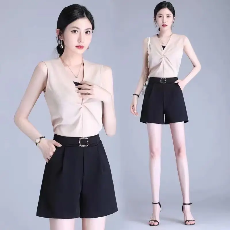 Свободные короткие брюки Женский широкий мешковатый офисный костюм для работы с