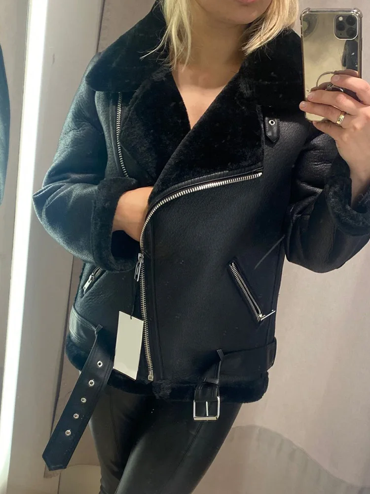 Winter Coats Women Thickness Faux Leather Fur Sheepskin Female Fur Leather Jacket Aviator Outwear Casaco Feminino Leather