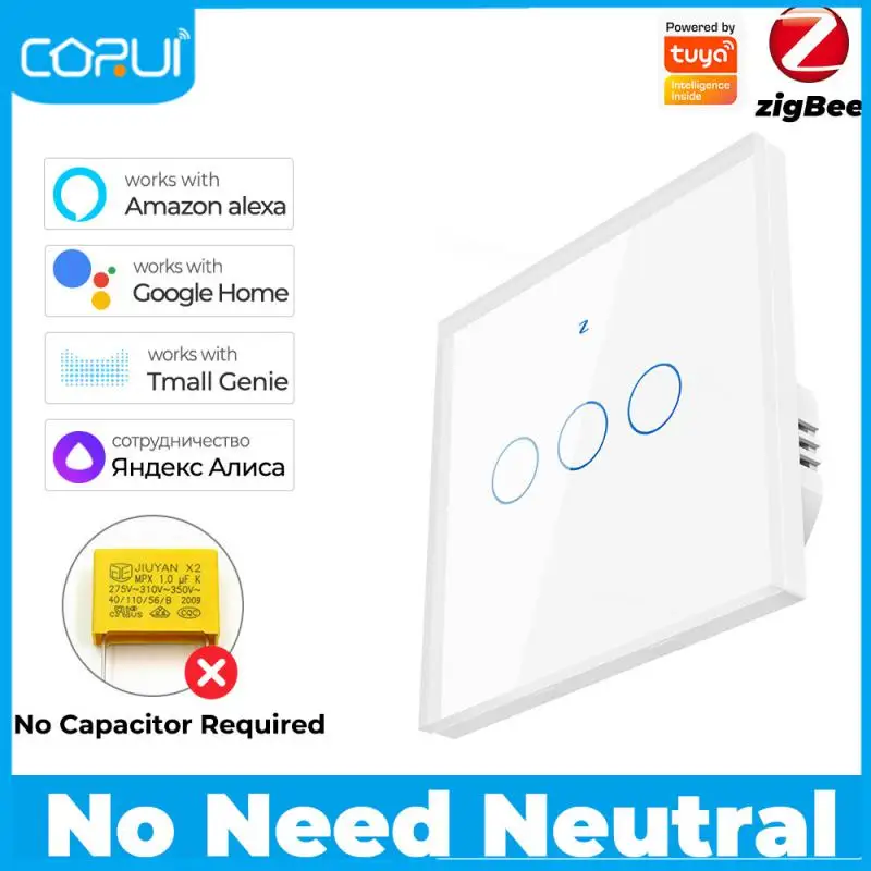 Corui Tuya ZigBee Smart Switch No Neutral Wire Required Smart Home No Capacitor Required Work With Alexa Google Home Yandex