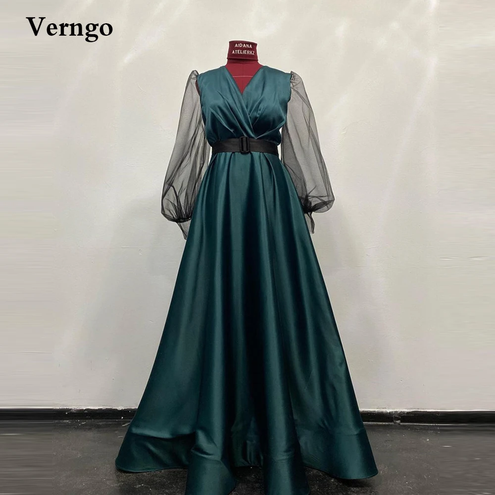 

Verngo Modest Dark Green Satin Evening Dresses Puff Long Sleeves V Neck Women Simple Formal Prom Gowns Robe de soiree