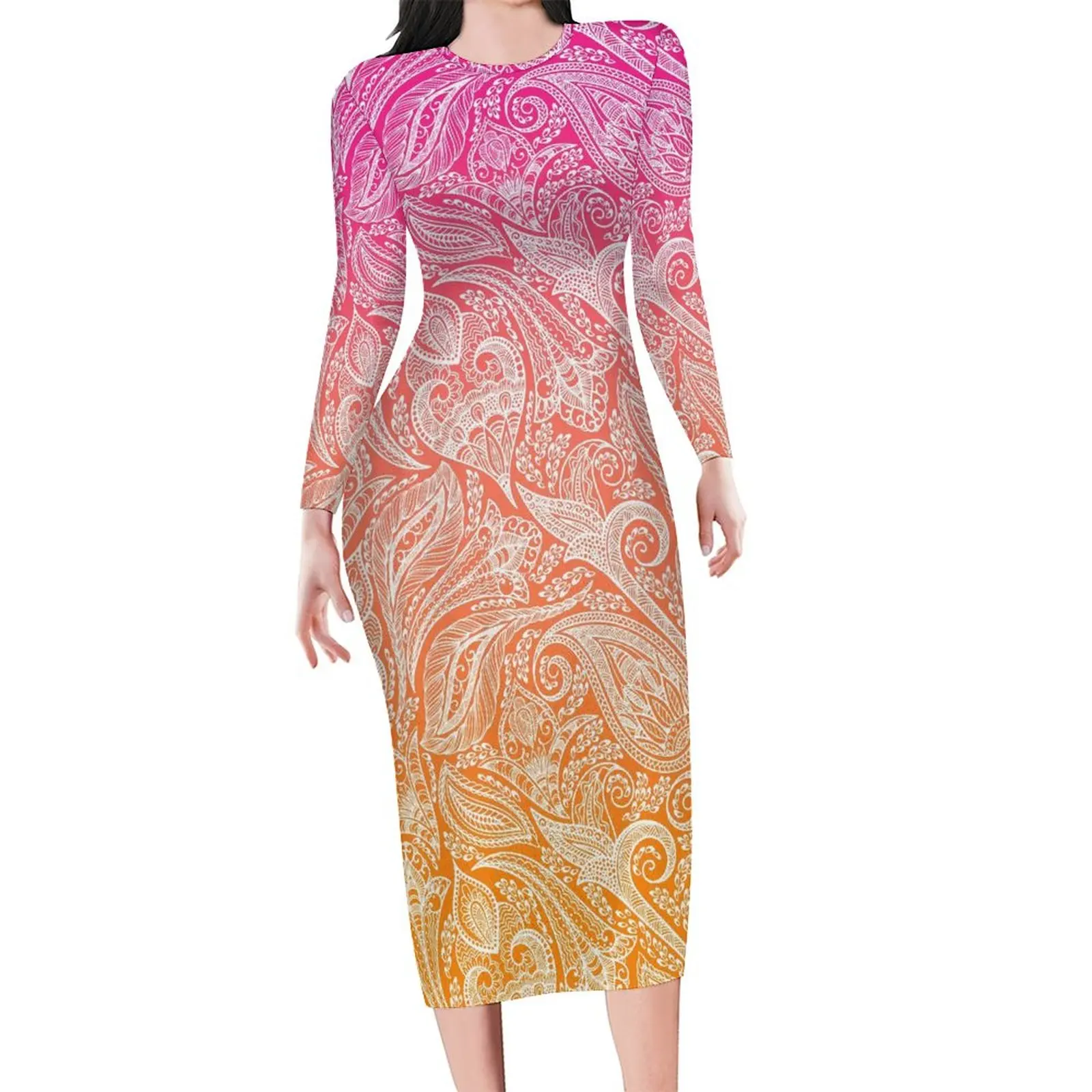 

Orange Ombre Dress Long Sleeve White Paisley Print Aesthetic Dresses Summer Night Club Bodycon Dress Graphic Oversize Vestidos