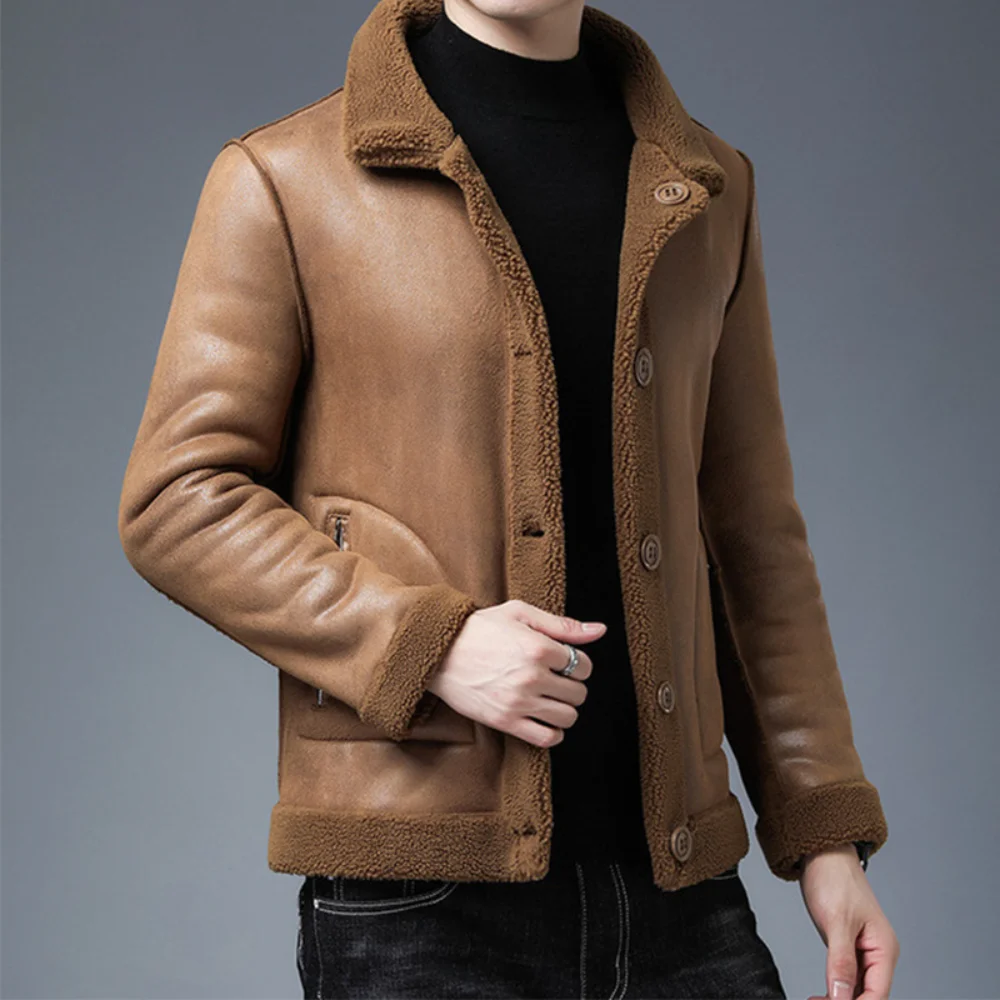 

Mens Winter Casual Plush Warm Double-sided Lamb Jacket Lapel Single-breasted Multi-pocket