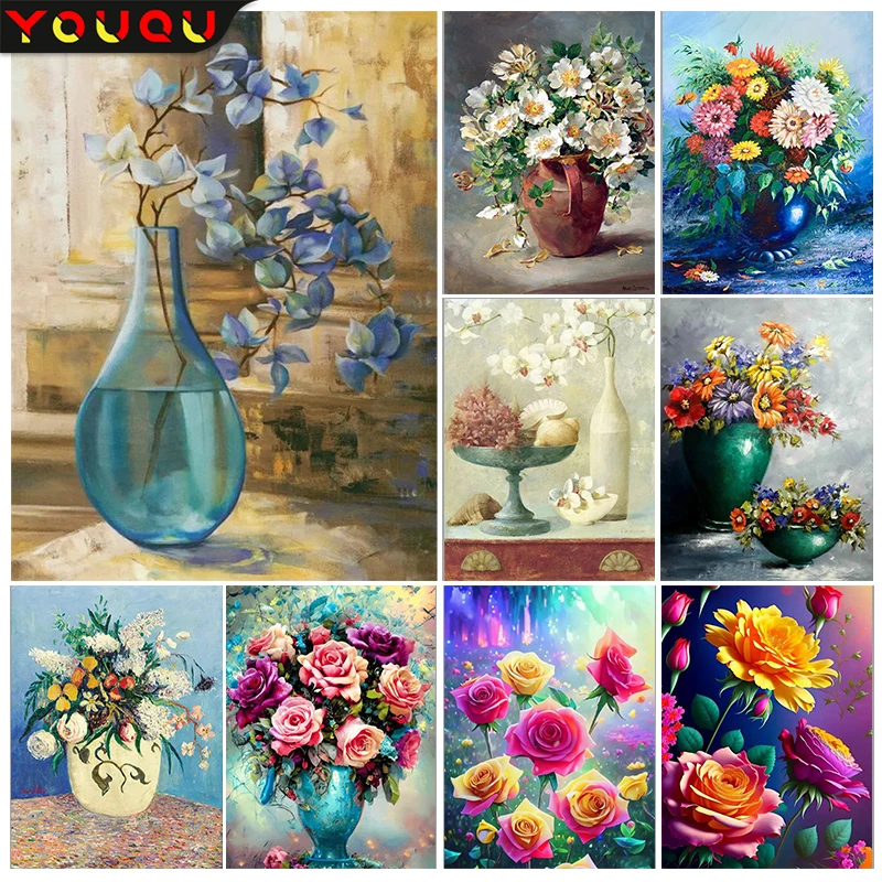 

YOUQU Цветочная серия, алмазная живопись, ваза, алмазная вышивка, 5d мозаика, картина, домашний ландшафт, украшение, рукоделие, искусство, подарок