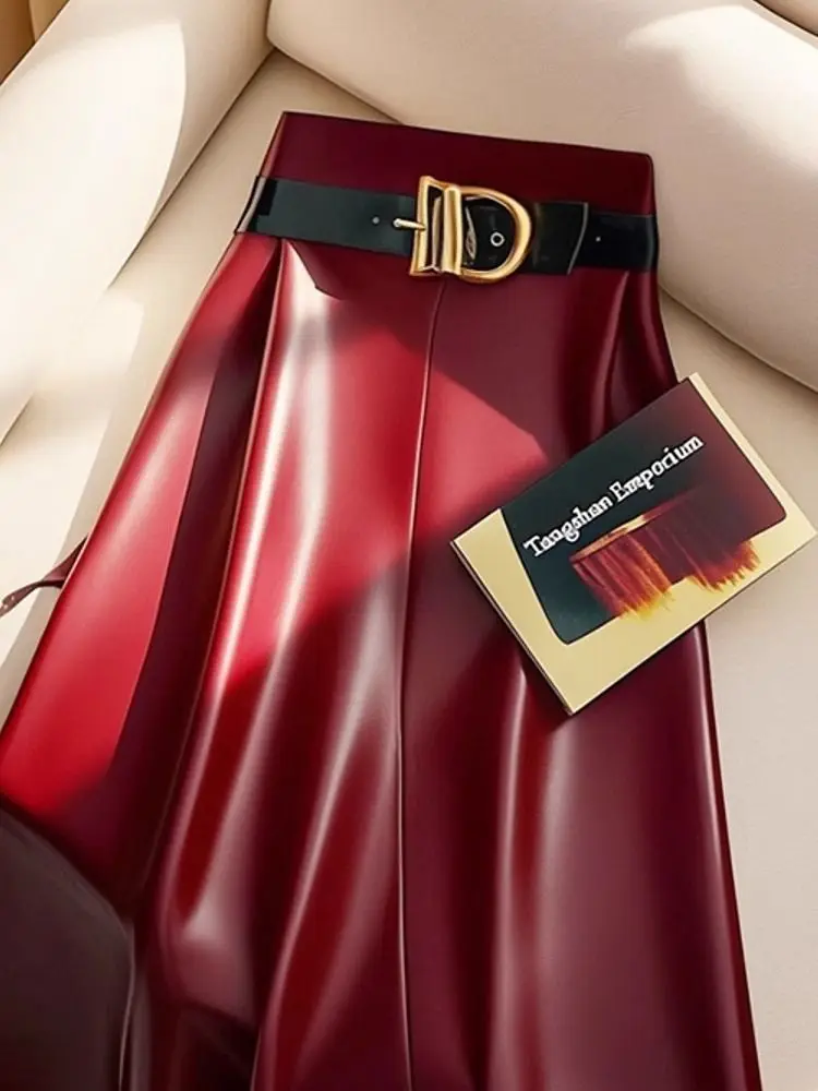 Высококачественная красная женская юбка из искусственной кожи в стиле богини