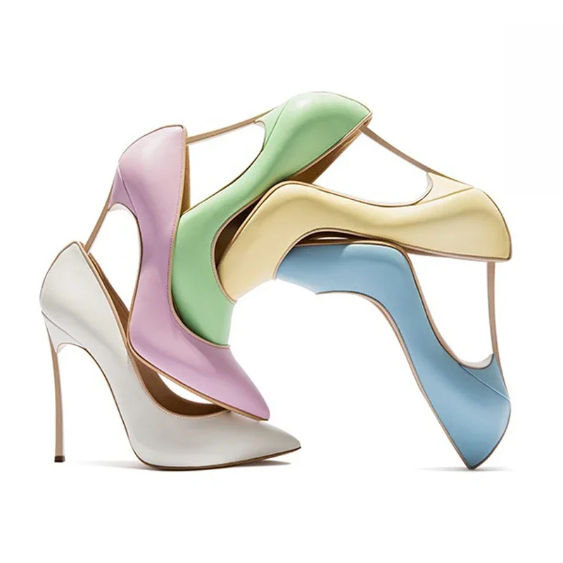 Сексуальные туфли-лодочки из матовой кожи с пурпурным макароном и металлическим