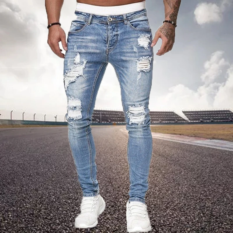 Fashion Men's Ripped Jeans Solid Color Elastic Slim Pants Motorcycle Jogging Thin Style Casual Small Foot Jeans Street Clothing