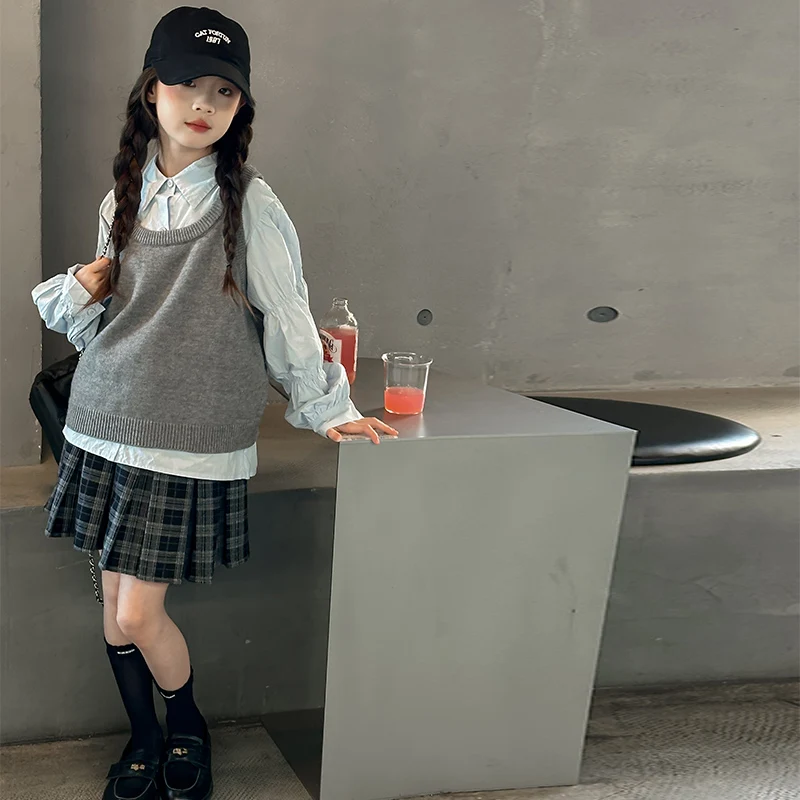 Школьная одежда для маленьких девочек детская костюм 14 свитеров жилет + синяя