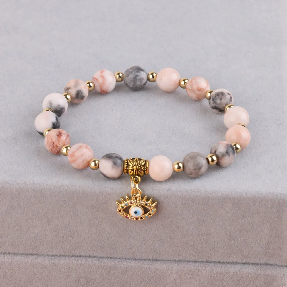 

Natural Stone Beads Bracelet Evil Eye Pendant Stainless Steel Spacer Elasticity Rope Men Women Bracelet Gift Lucky Jewelry