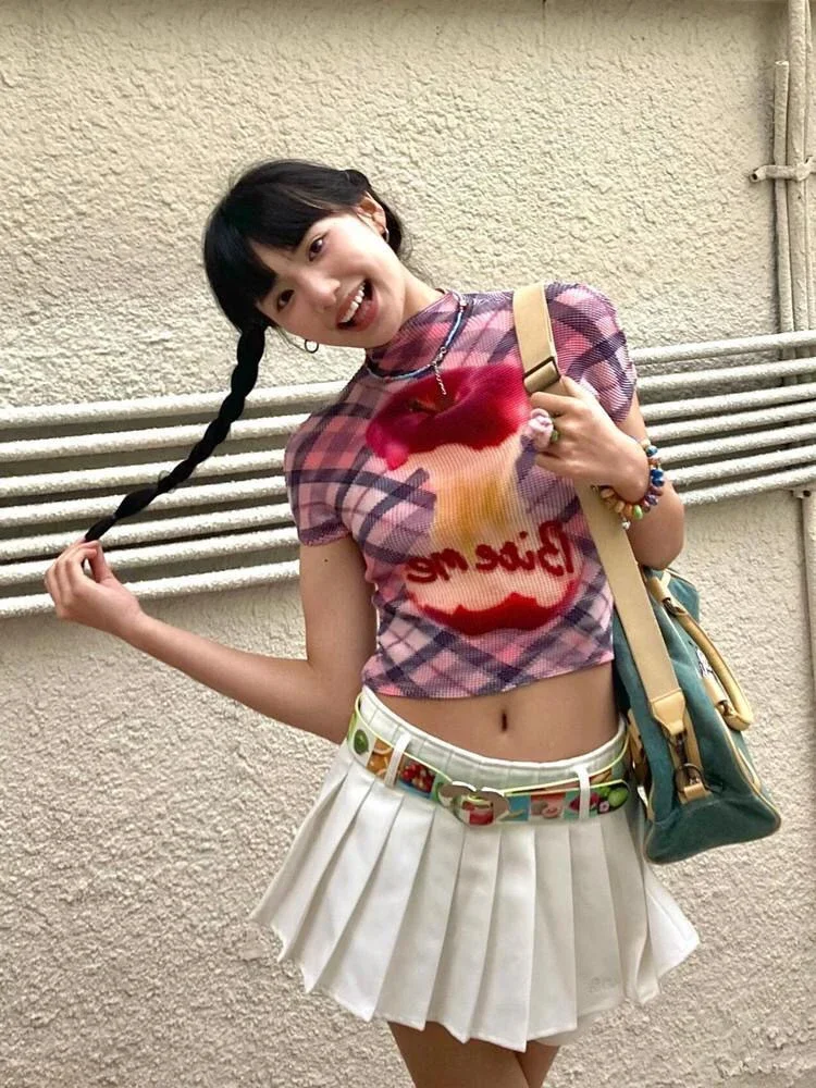 Женская Винтажная футболка в клетку короткий эластичный Топ с коротким рукавом и