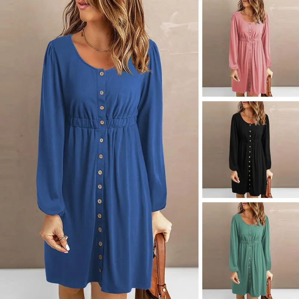 

Soft Texture Fashion Solid Color Long Sleeve Tunic Dress Anti-shrink Women Dress Buttons Closure Female Clothing