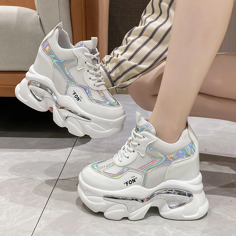 

White Laser Chunky Sneakers Women Spring Autumn Fashion Platform Shoes Woman Fashion Thick Sole Hidden Heels Sports Shoes