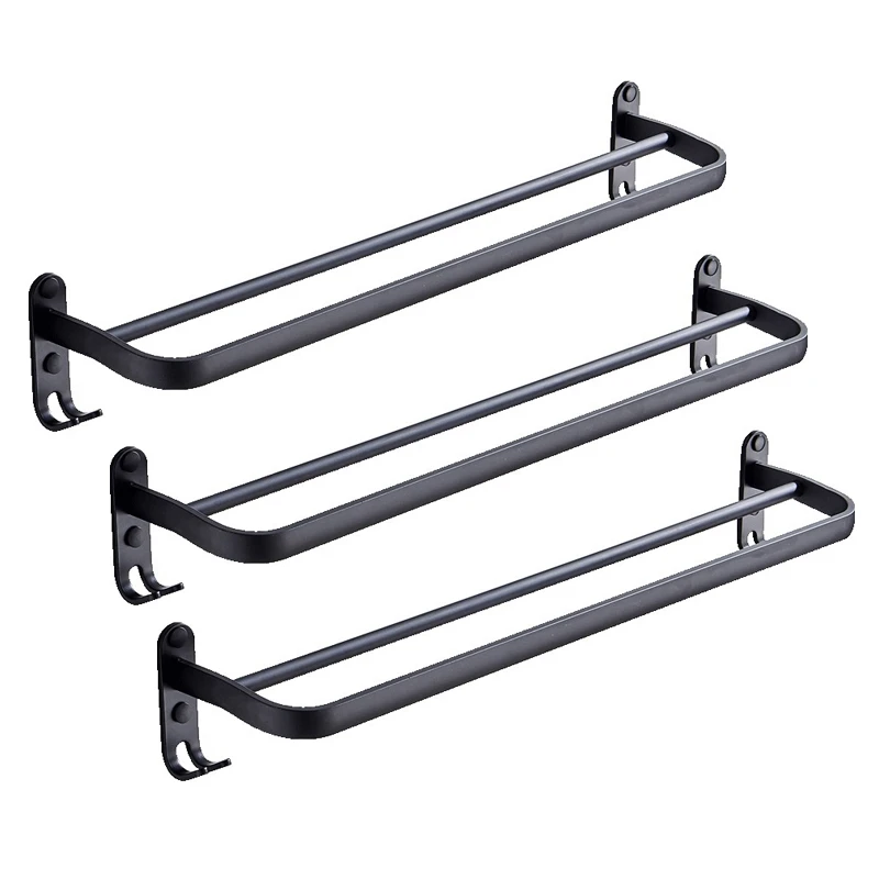 

3X 60 Cm Wall Mount Black Towel Rack Aluminum Double Rod Towel Bar With Hook For Home Hotel Bathroom Shower Accessories
