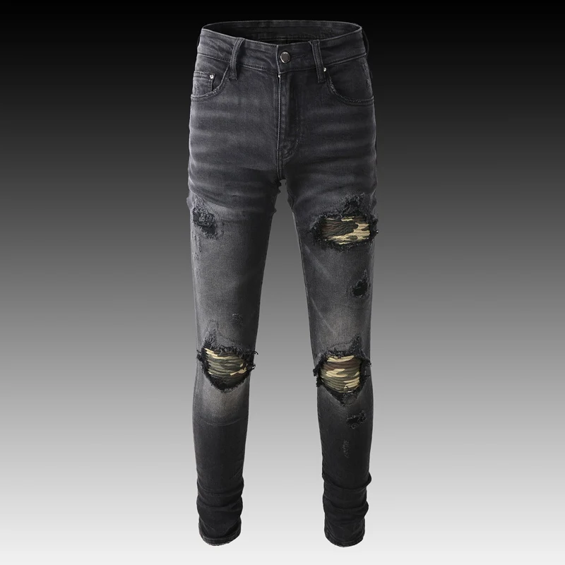 Fashion Streetwear Men Jeans Black Gray Elastic Destroeyd Slim Ripped Jeans Men Patch Designer Brand Hip Hop Denim Punk Pants