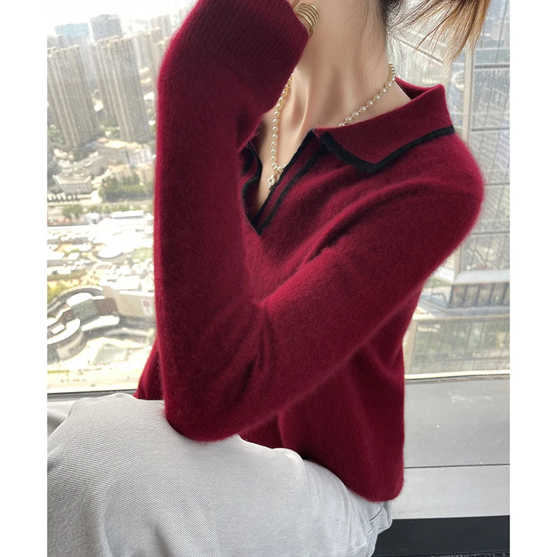 Женский кашемировый свитер Bai Baihe контрастный пуловер с отложным воротником и