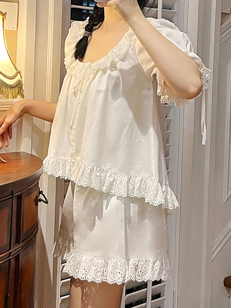 Women French Sweet Girls Summer Short Sleeve Homewear Pajama Two Piece Set Victorian Lolita Ruffles Vintage Princess Sleepwear