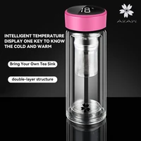 akaw glass double layer heat insulation portable led smart touch temperature display with filter screen cup of tea water