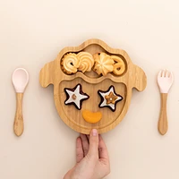 cartoon baby sheep feeding bowl set bamboo training plate silicone suction cup spoon fork food tableware for children