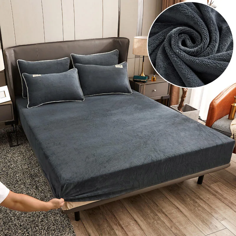 

Winter Warm Mattress Protecter Plush Double Bed Fitted Sheet Velvet black Bedspread 160*200 Super Thick Elastic Bed Cover Sheets