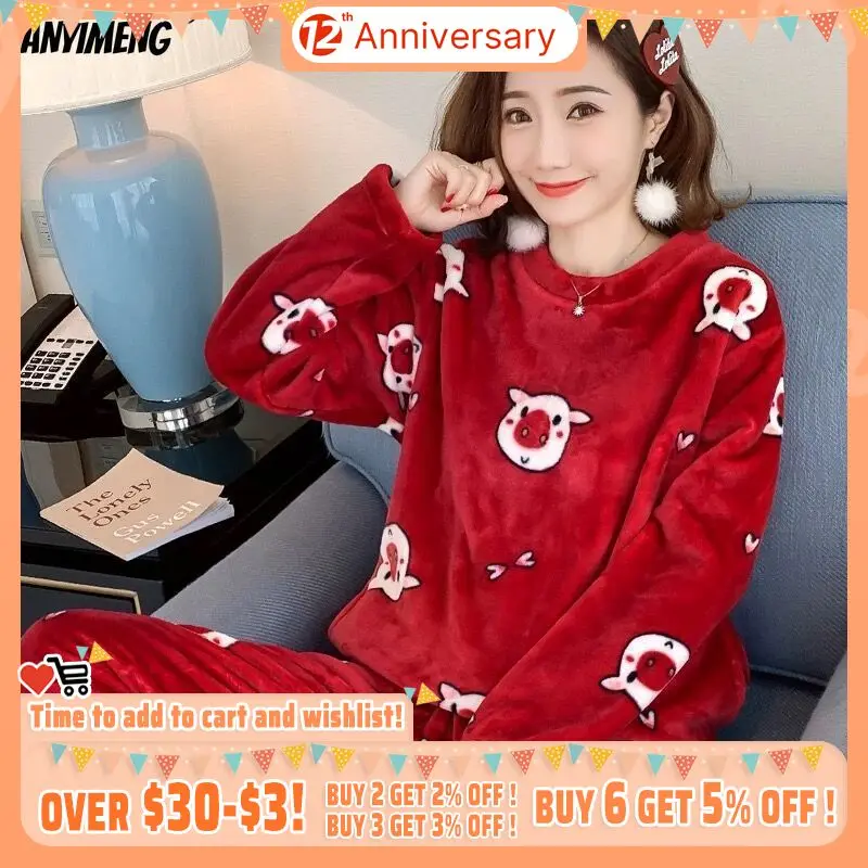 

Женская бархатная пижама с длинными рукавами, длинные брюки, мягкая теплая Фланелевая пижама, молодежная Женская одежда для сна, зимняя Мил...