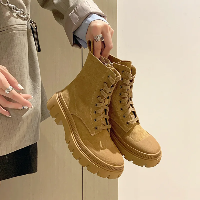 

New Women Black Combat Boots Platform Square Toe Autumn Punk Shoes 2022 Women Winter Gothic Lace Up Motorcycle Ankle Boots
