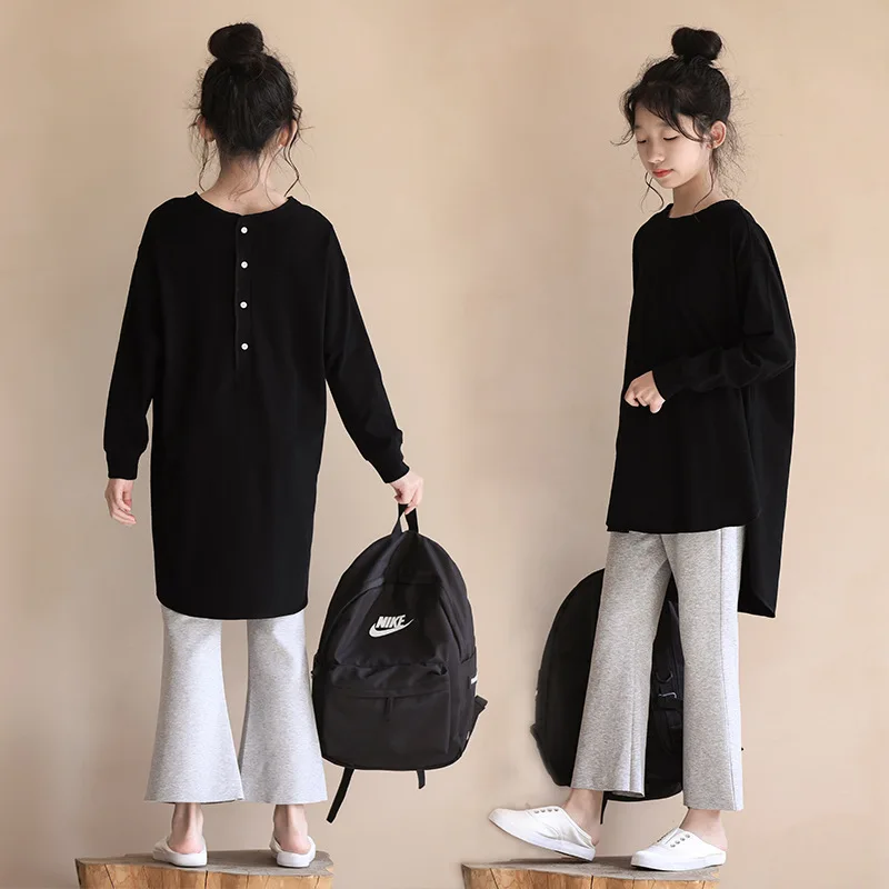 

10 12 years Girls Black Gray Clothes Set Japanese Simplicity Style Long Sleeve Sweatshirt Flared Pants Teenage Girls Outfits