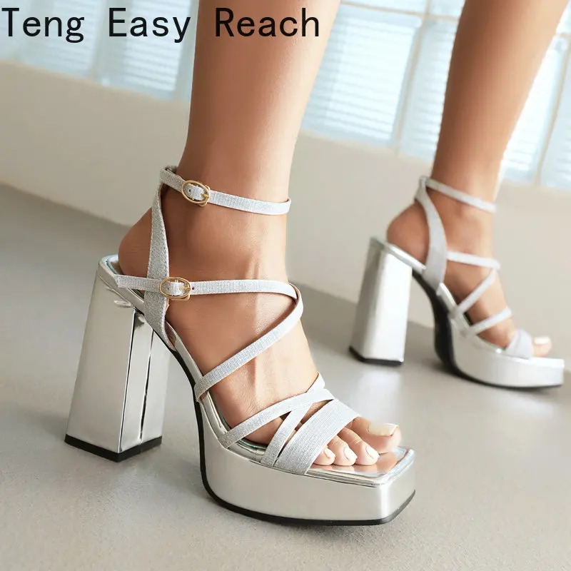 

Женские босоножки с блестками, сандалии-гладиаторы на платформе и высоком устойчивом каблуке, золотистые, серебристые, лето 2023