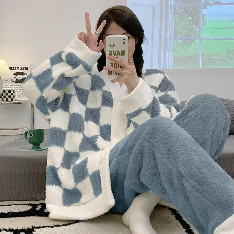 Зимние женские пижамы во французском стиле комплект домашней одежды клетчатая