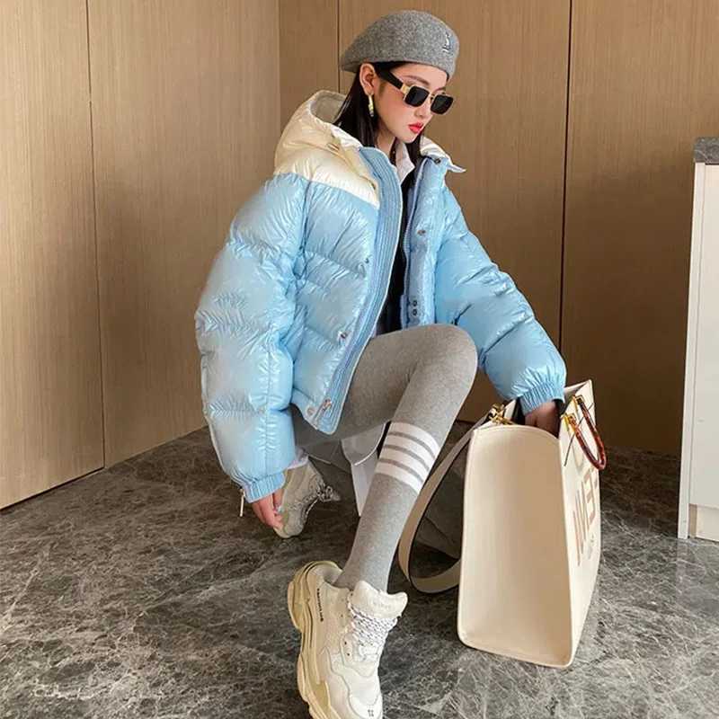 Bright Face High-End Down Jacket Women Winter 2022 New Collage Short Hooded Thickened 90 White Duck Down Fashion Coat Female