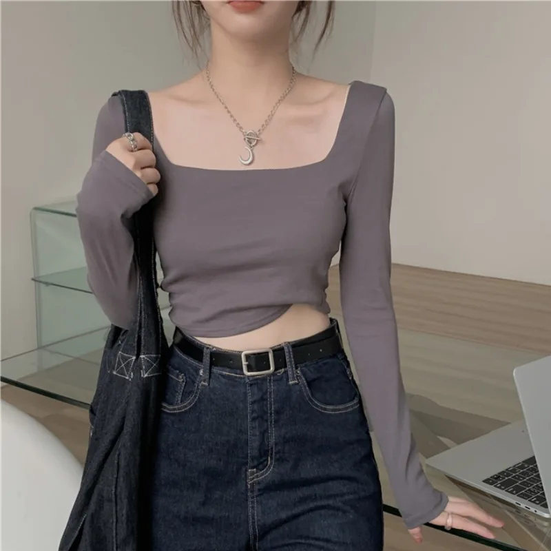 

Square Collar T Shirt Korean Style Crop Top Women Solid Basic Autumn Long Sleeve Tees Slim Tshirts Femme Y2k Kawaii Clothes 2023