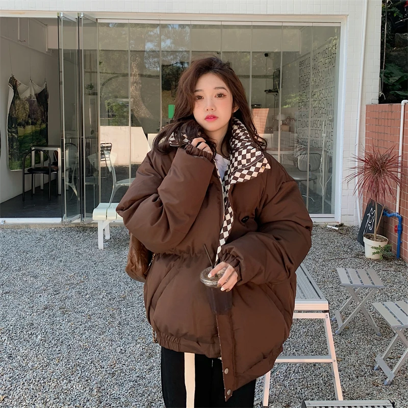 Winter Warm Parka Coat Women'S Retro Plaid Thick Jacket Casual Streetwear Zipper Stand Collar Fashion Cotton Jacket