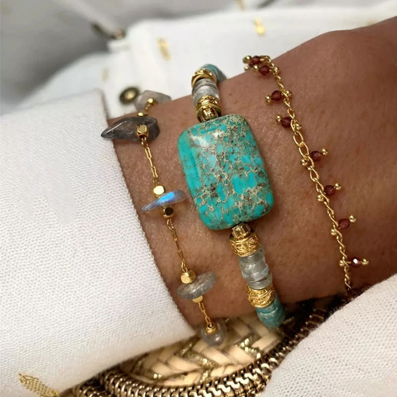 

Handmade Blue Sea Sediment Turquoise Aquamarine Hybrid Bracelet Irregular Labradorite Punk Chain Bangle Versatile Jewelry