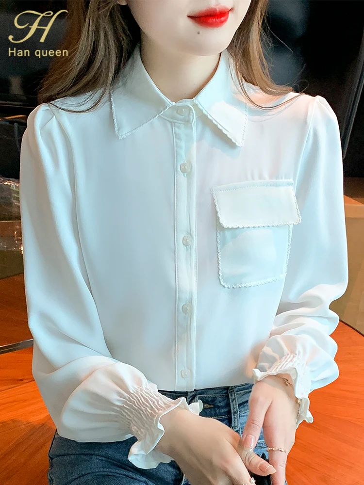 

Женская шифоновая блузка H Han Queen, модная офисная блузка с карманами и длинным рукавом, Свободная Повседневная рубашка в Корейском стиле, осе...
