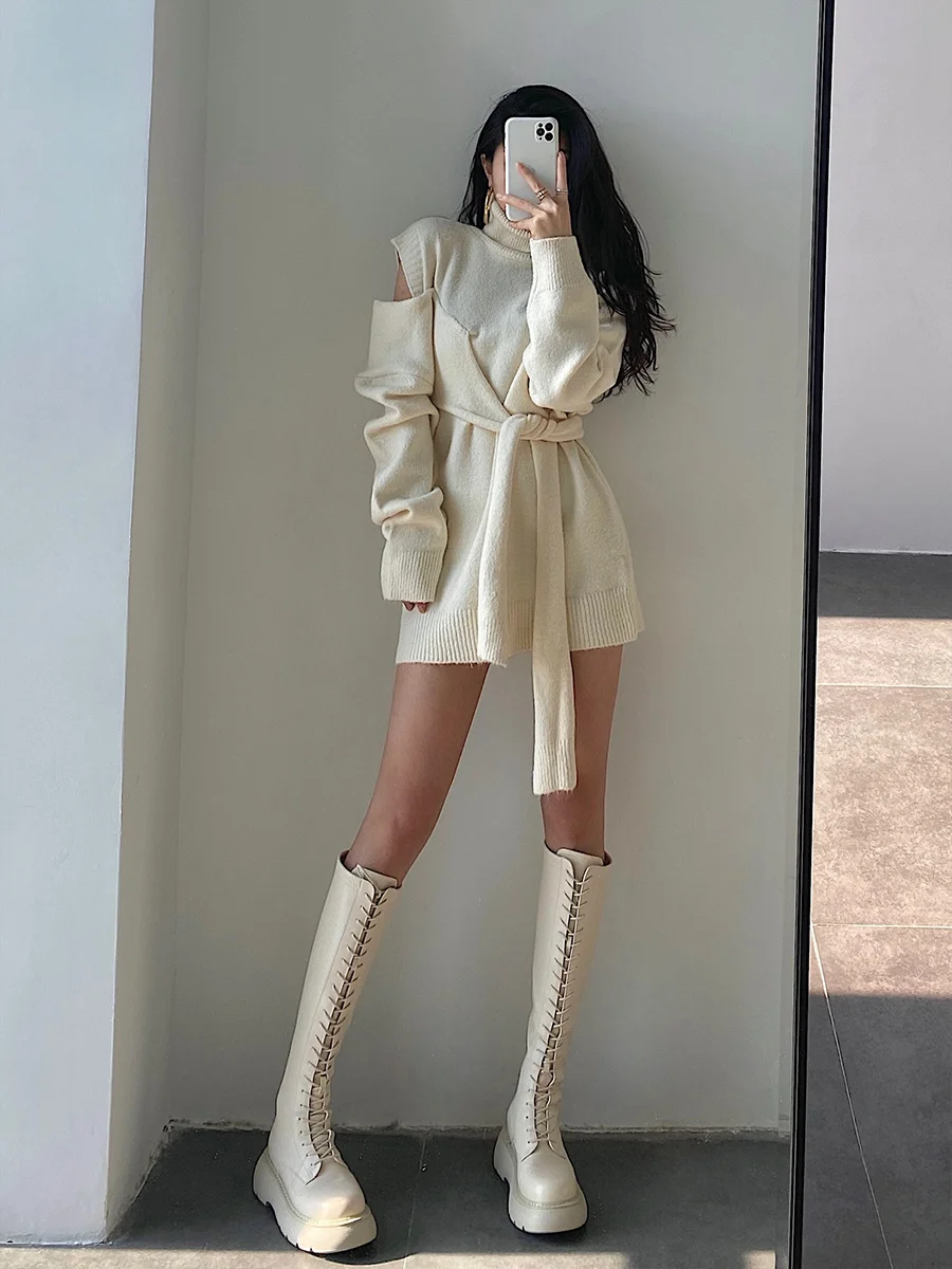 

WOMENGAGA SexyTurtleneck Off Shoulder Slim Strap High Waist Short Knit Sweater Mini Dress Fashion Korean Women Tops W6U9
