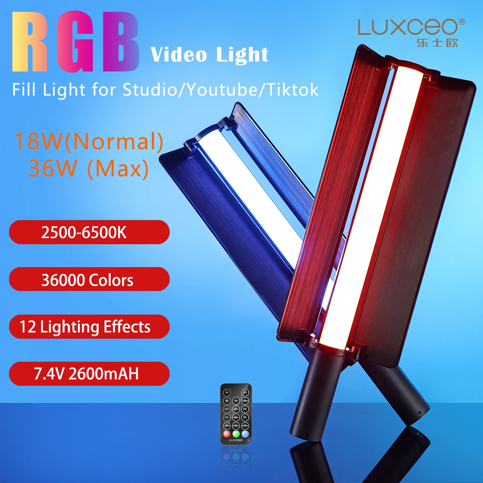 LUXCEO P520 RGB Светодиодный стержень Встроенный аккумулятор 36W 36000 цвет 2500K 6000K Дистанционный фотофонарь с дверью сарая Студия дрожание YouTube