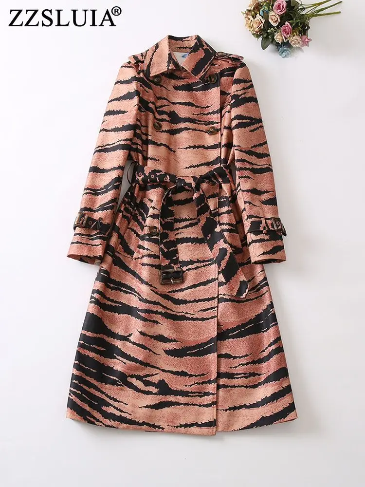 

ZZSLUIA Vintage Trench For Women Printed Double Breasted Designer Slim Long Coats Fashion Long Sleeve Elegant Windbreaker Female