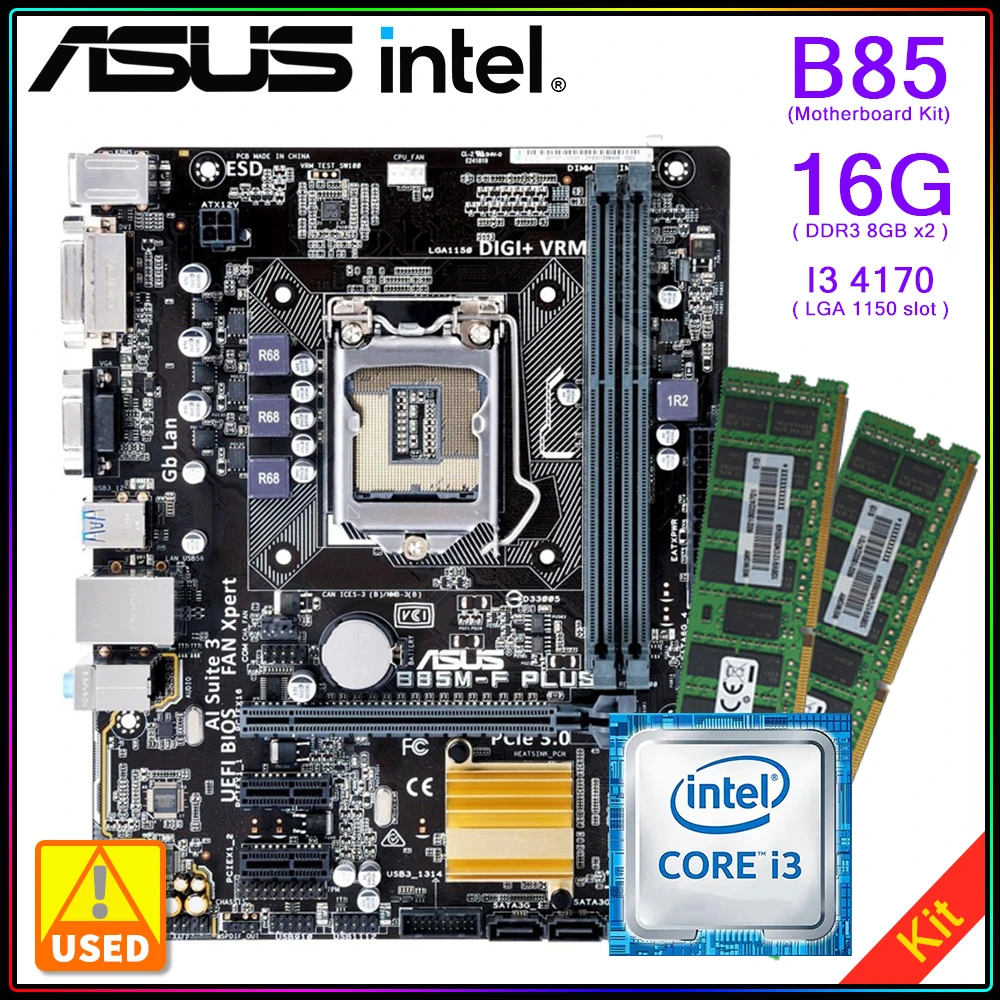 

ASUS Motherboard Kit B85M-F PLUS + I3 4170 + DDR3 8GB *2 CPU With Memory Motherboard Kit LGA 1150 Solt DDR3 16G Inter Core I5