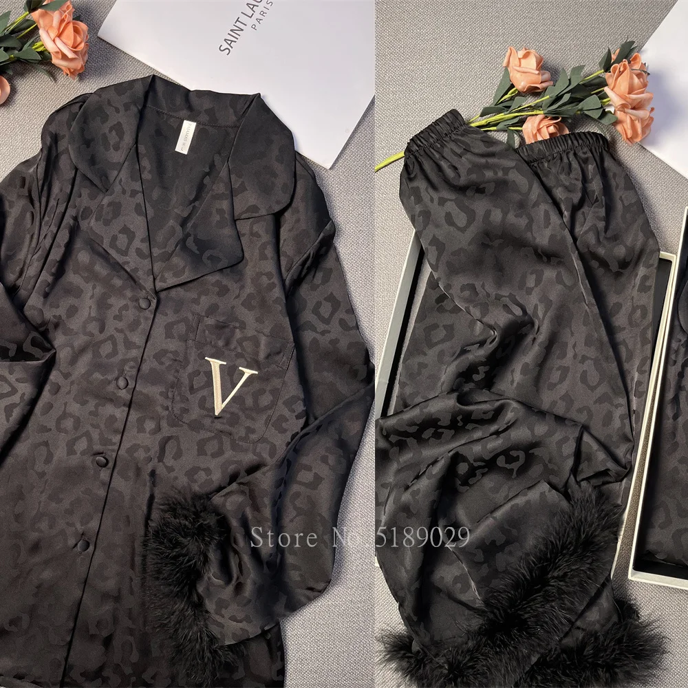 Женская пикантная Пижама с вышивкой рубашка и брюки роскошная перьями свободный