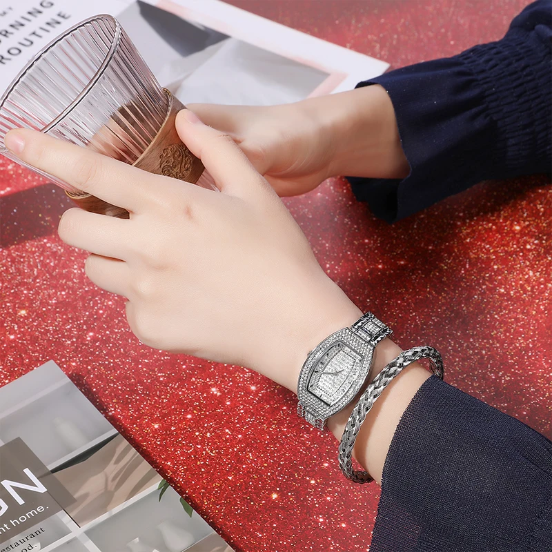 Lover's Gift Box Set Fashion Women's Quartz Watches Diamond Watch Dial+Bracelet+Necklace Stainless Steel Jewelry Gift Set 3Pcs