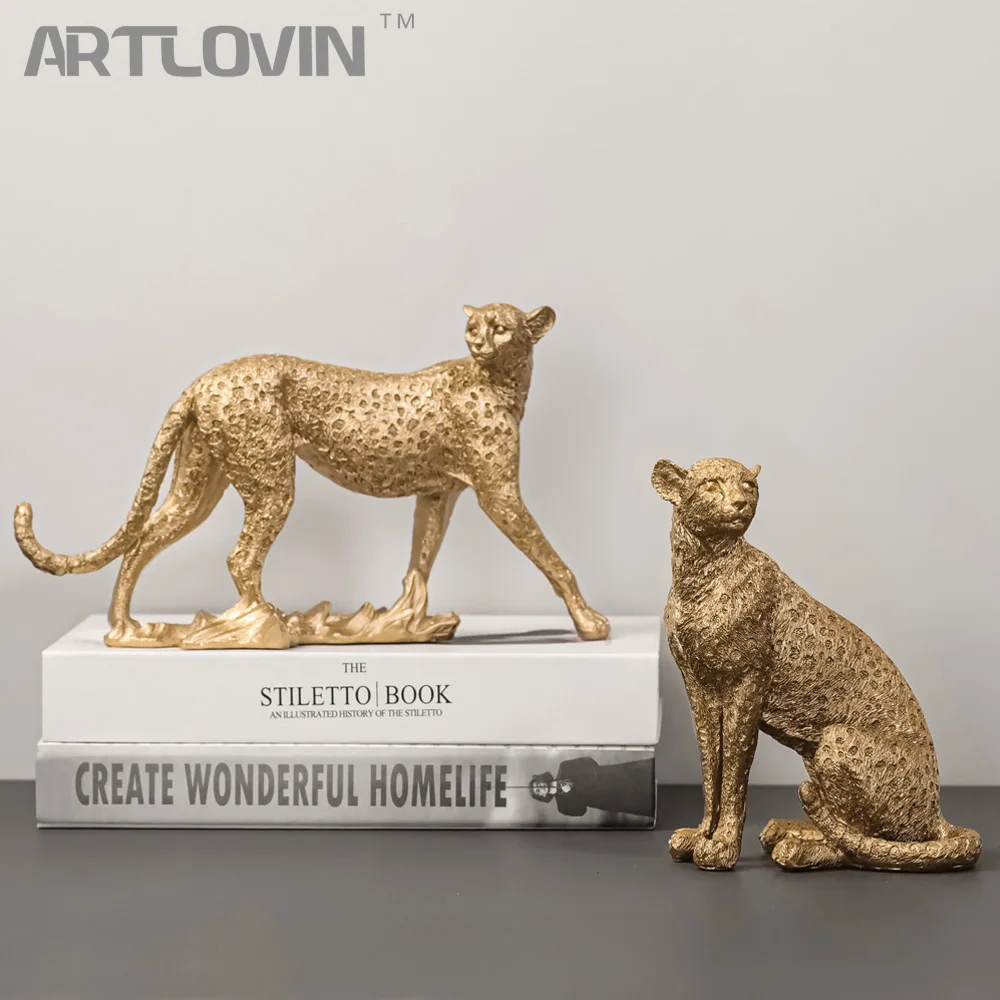 

Decorative Leopard Figurines Golden Animal Sculptures Home Decoration Accessories Beast Vintage Panther Statue Bookshelf Decor