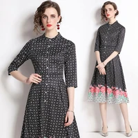 spring and summer new medium and long waisted slim a line skirt print dress