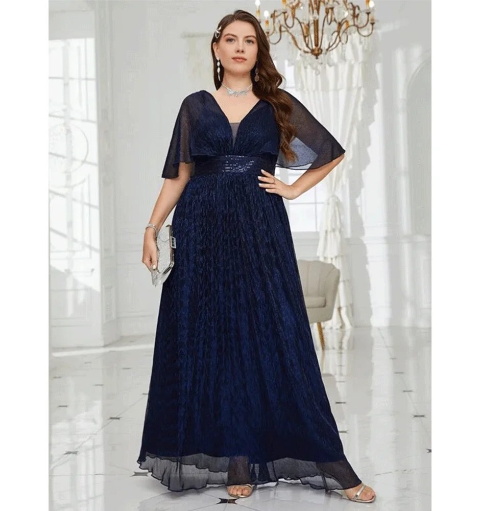 

Plus Size V Symphony Royal Blue Loose Dress 4XL5XL Big Size Pleated Long V Neck Short Sleeve Evening Dress Women