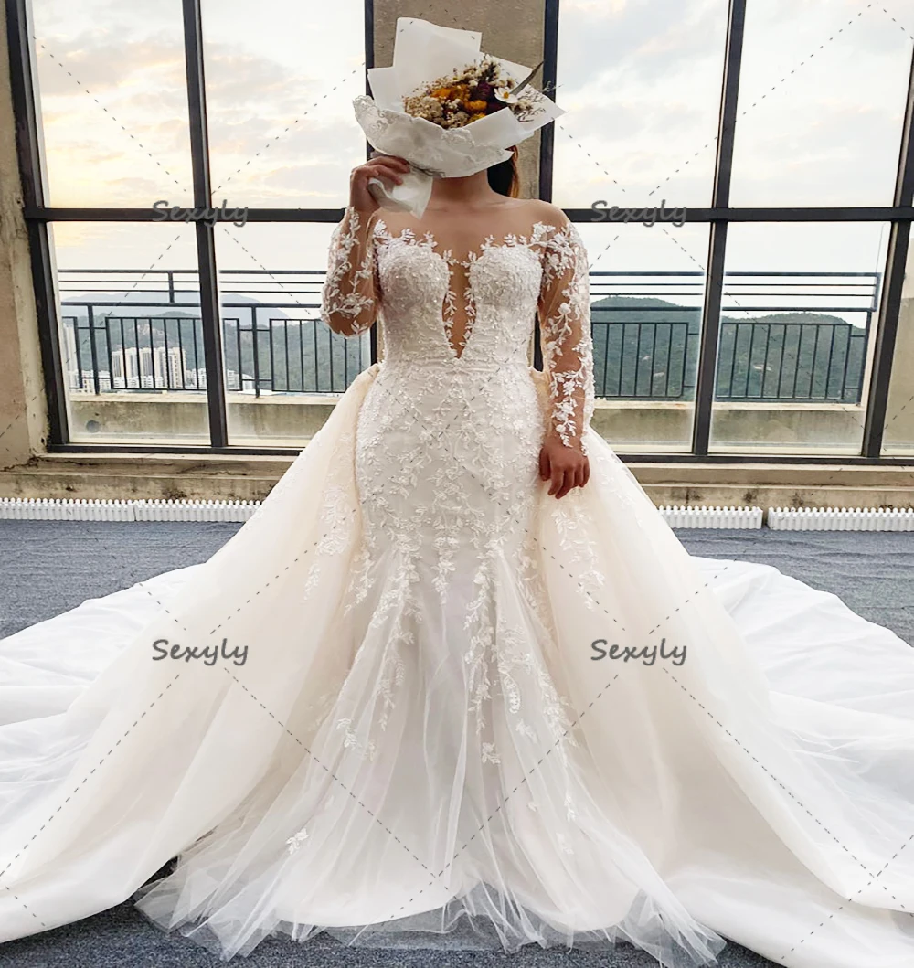 

Роскошное кружевное свадебное платье с юбкой-годе со съемным шлейфом 2022 женское платье с длинным рукавом и круглым вырезом для невесты