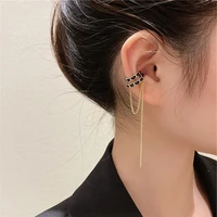 lovoacc french vintage double layers black leather clip earrings for women gold color link chain long tassel earring jewellery