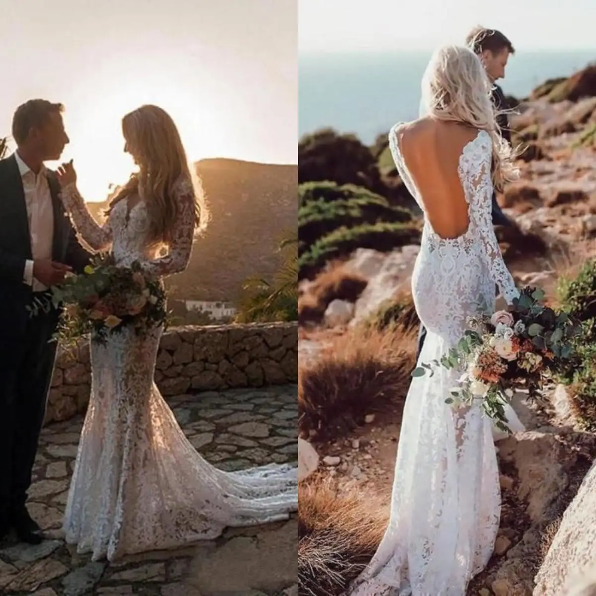 

Beach Mermaid Wedding Dresses Full Lace Applique V-neck Backless Long Sleeve Country Bohemian Bridal Gown Robe De Soirée
