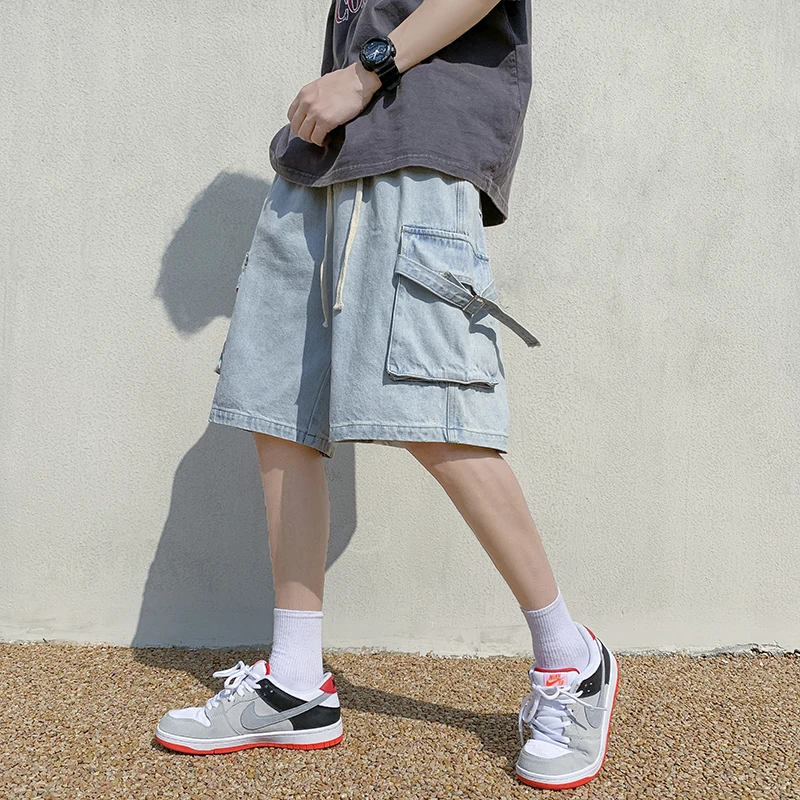 EOENKKY/2022 Summer Men'S Denim Shorts Casual Fashion Loose Stretch Jeans large pocket cargo pants Men