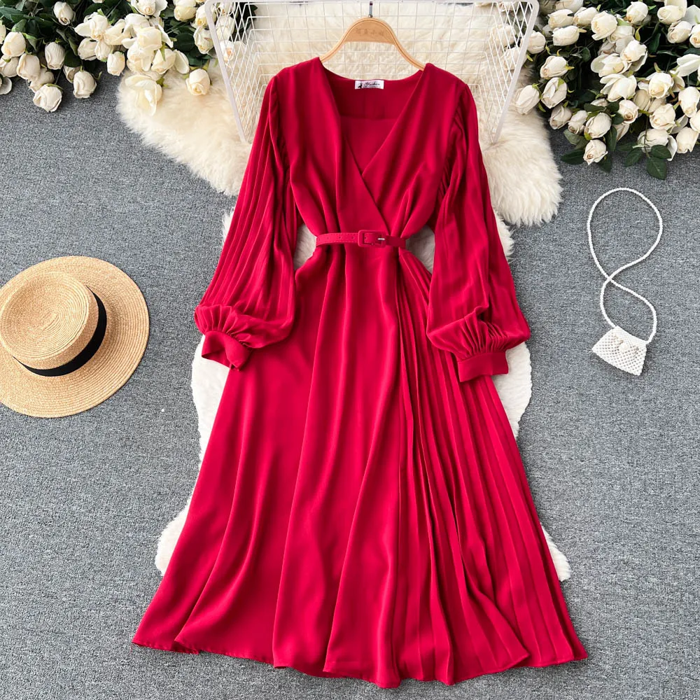 

Long Sleeve Solid Belt Party Sweet V Neck Bohemian All Match Fashion Sexy Casual Y2K Vintage Korean Girl Festa Clothing Dresses