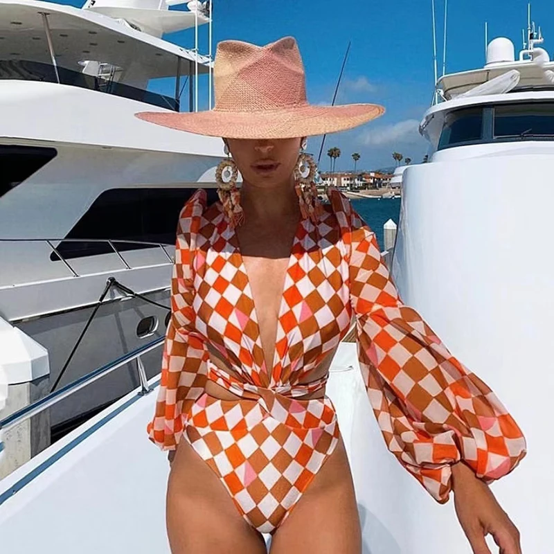 

Парео, пляжный женский слитный купальник, новинка 2023, женский купальный костюм с длинным рукавом, качественный купальник из полиэстера с принтом, летняя одежда для купания