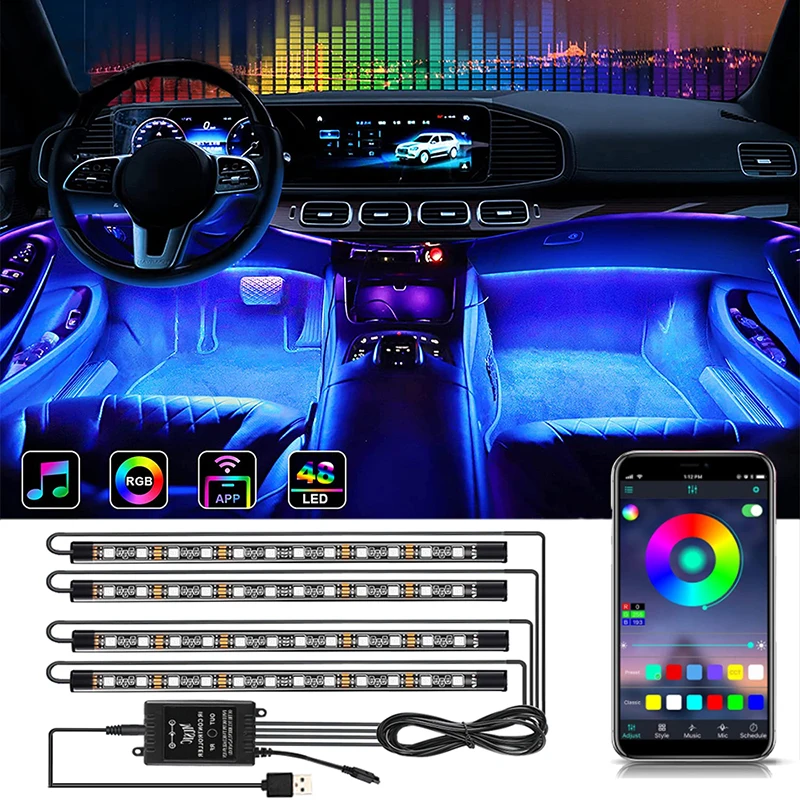 

LED Car Foot Ambient Light With USB Neon Mood Lighting Backlight Music Control App RGB Auto Interior Decorative Atmosphere Lamp