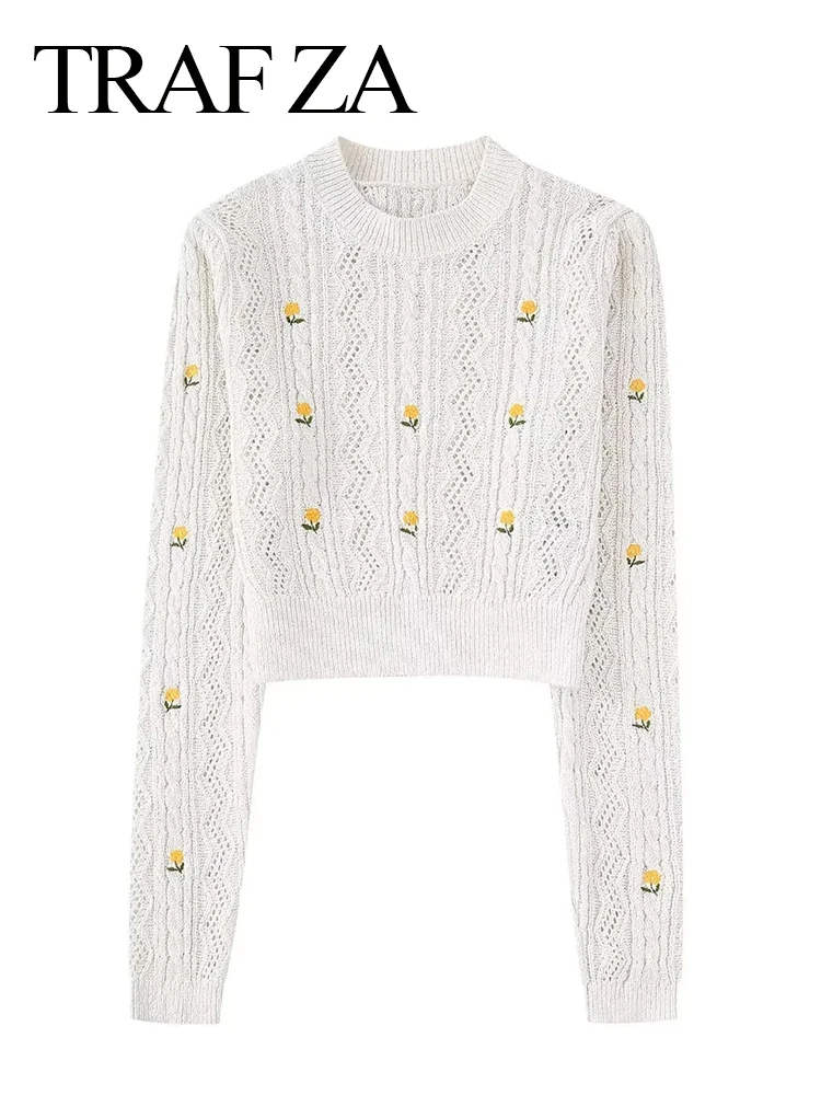 

Модный элегантный короткий свитер TRAF ZA 2022, белый цветочный приталенный приятный для кожи трендовый Женский пуловер, топ, одежда для весны и ...